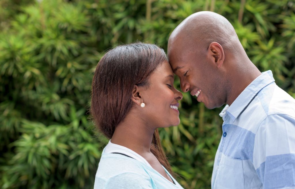 Loving black couple with heads together