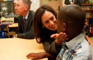LOS ANGELES, CALIFORNIA, AUGUST 12, 2014: State Attorney General Kamala Harris talks to a 5th grade