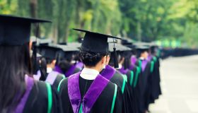 Back of graduates during commencement at university. Close up at graduate cap. Color tone image.