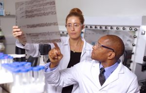 Doctors examining DNA sequencing gel