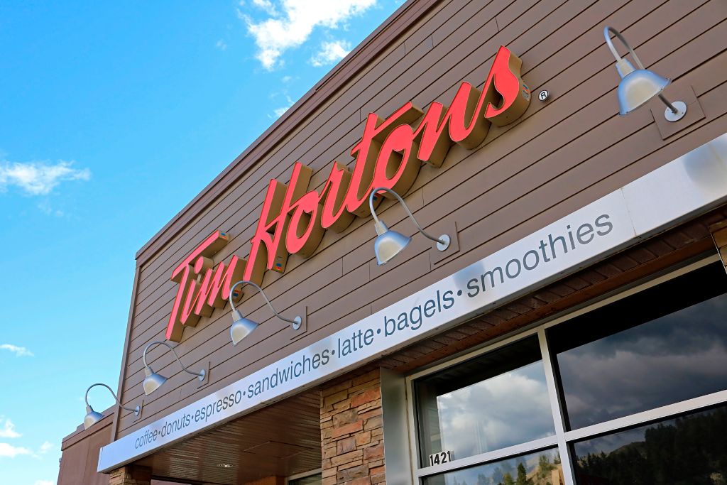 Tim Hortons restaurant sign at entrance