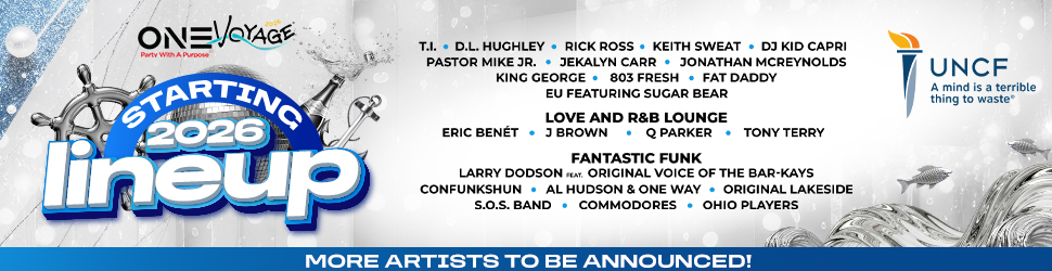 One Voyage 2026 lineup poster featuring musical artists T.I., D.L. Hughley, Rick Ross, Keith Sweat, DJ Kid Capri, and more.
