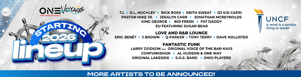 One Voyage music festival poster featuring lineup of artists starting in 2026 including T.I., D.L. Hughley, Rick Ross, Keith Sweat, DJ Kid Capri, and more.