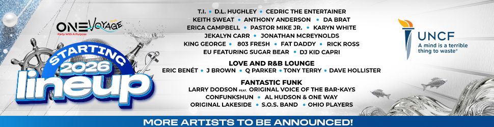 One Voyage music festival lineup poster featuring artists like T.I., D.L. Hughley, Cedric the Entertainer, and more, along with the UNCF logo.